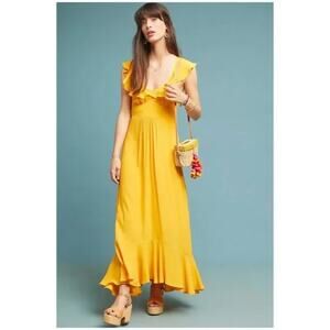 Anthropologie Larke Belle Ruffled Maxi Dress Gold Yellow